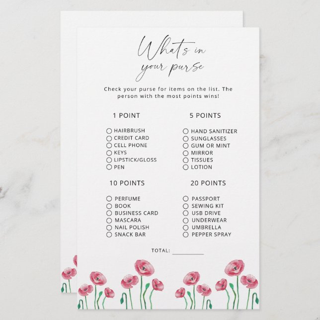 Floral what's in your purse game (Front/Back)