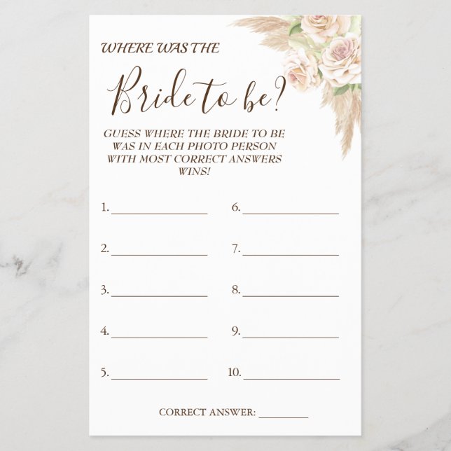 Floral Where was She Bridal shower game card (Front)