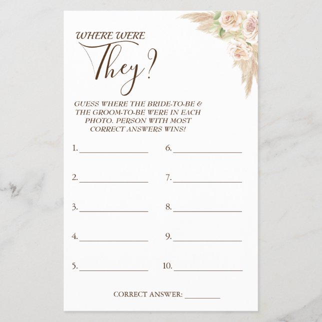 Floral Where were They Bridal shower game card (Front)