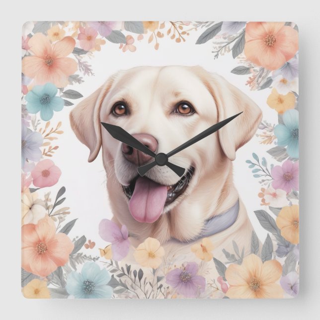Floral Whimsical Labrador Retriever Illustration Square Wall Clock (Front)