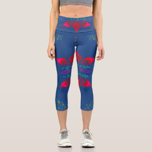 floral whimsy folk art colourful ditsy flowers blu capri leggings