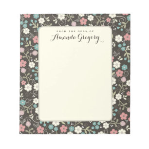 Floral Whimsy Personalised Desk Notepad Black