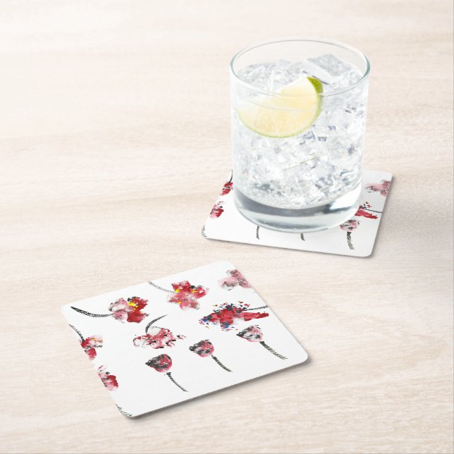 Floral Whispers -Abstract Acrylic Hibiscus & Rose Square Paper Coaster (Insitu)