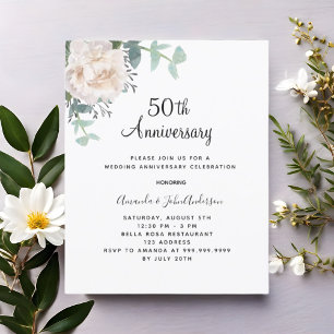 Floral white 50th wedding anniversary invitation