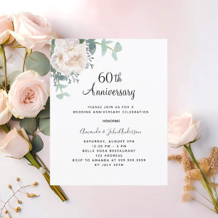 Floral white 60th wedding anniversary invitation
