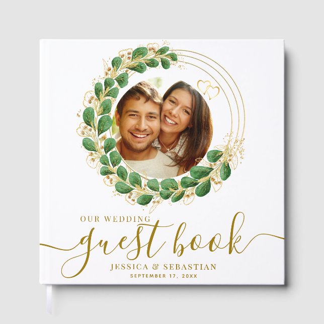 Floral White and Gold Custom Photo Wedding  Guest Book (Front)