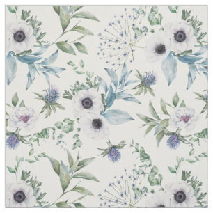 Floral White Anemone Thistle Botanical Fabric