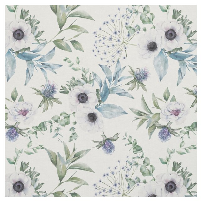 Floral White Anemone Thistle Botanical Fabric (Swatch)
