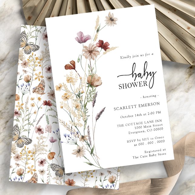 Floral White Baby Shower Invitation (Boho Wildflower Floral Baby Shower Invitation on white background by painted Paperie
)