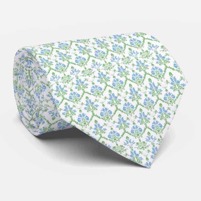 Floral white blue green neck tie (Rolled)