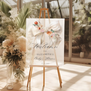 Floral White Bow Baby in Bloom Baby Shower Welcome Acrylic Sign