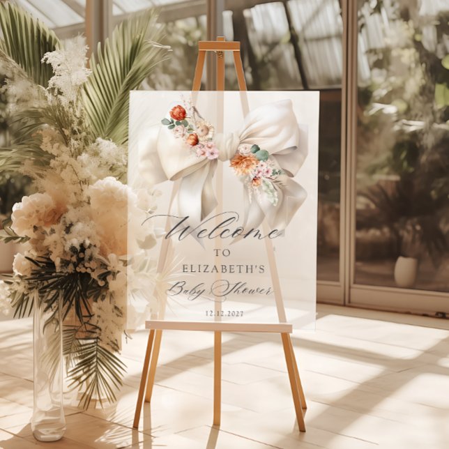 Floral White Bow Baby in Bloom Baby Shower Welcome Acrylic Sign (Creator Uploaded)