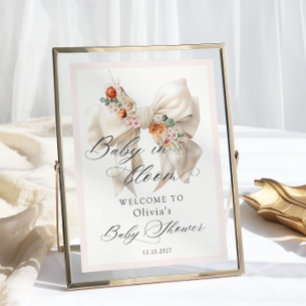 Floral White Bow Baby in Bloom Baby Shower Welcome Poster