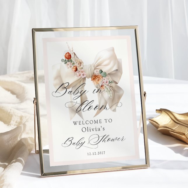 Floral White Bow Baby in Bloom Baby Shower Welcome Poster (Creator Uploaded)