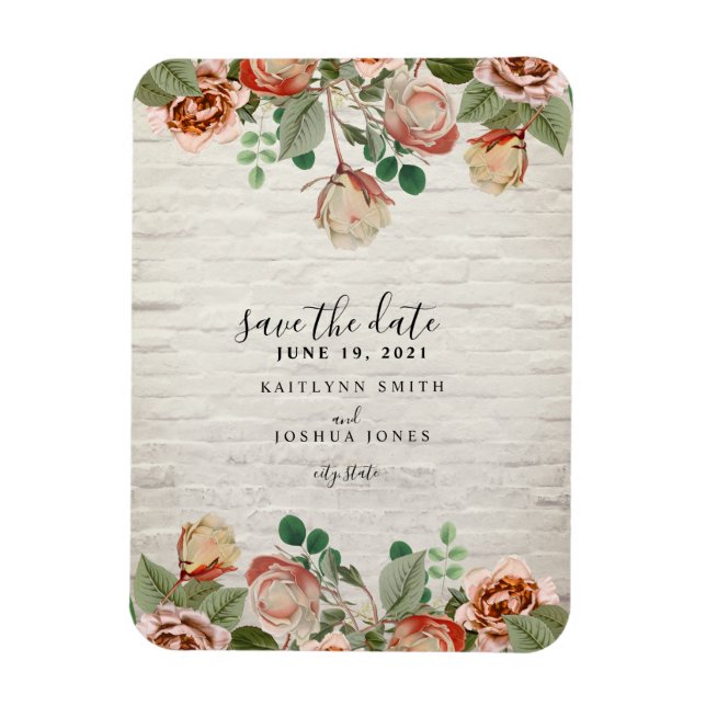 Floral White Brick Wedding Save The Date Magnet (Vertical)