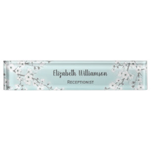 Floral White Cherry Blossom Mint Desk Name Plate
