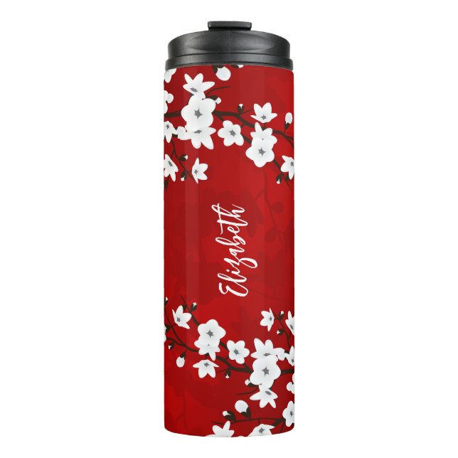 Floral White Cherry Blossom Monogram Your Name Thermal Tumbler (Front)