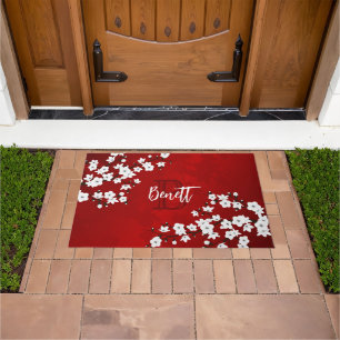 Floral White Cherry Blossom Red Monogram Add Name Doormat