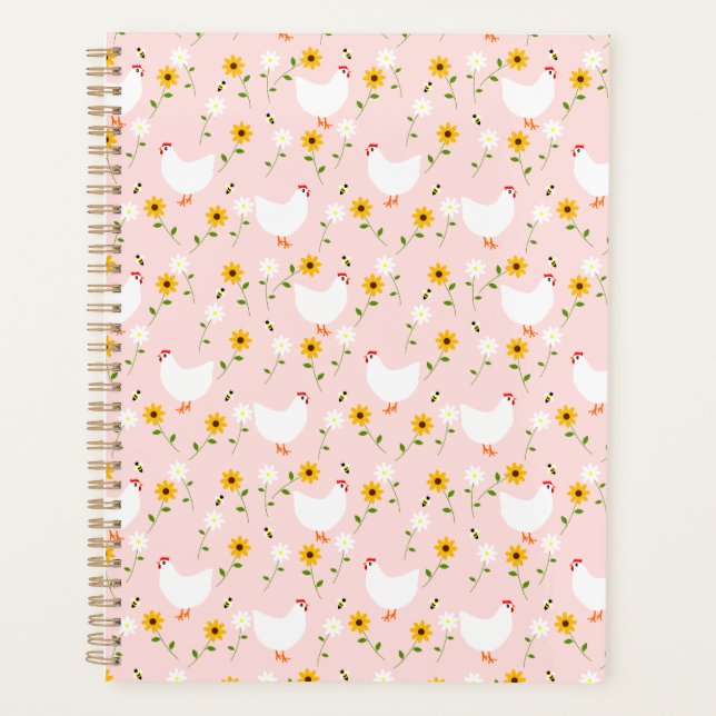 Floral White Chickens on Pink Planner (Front)