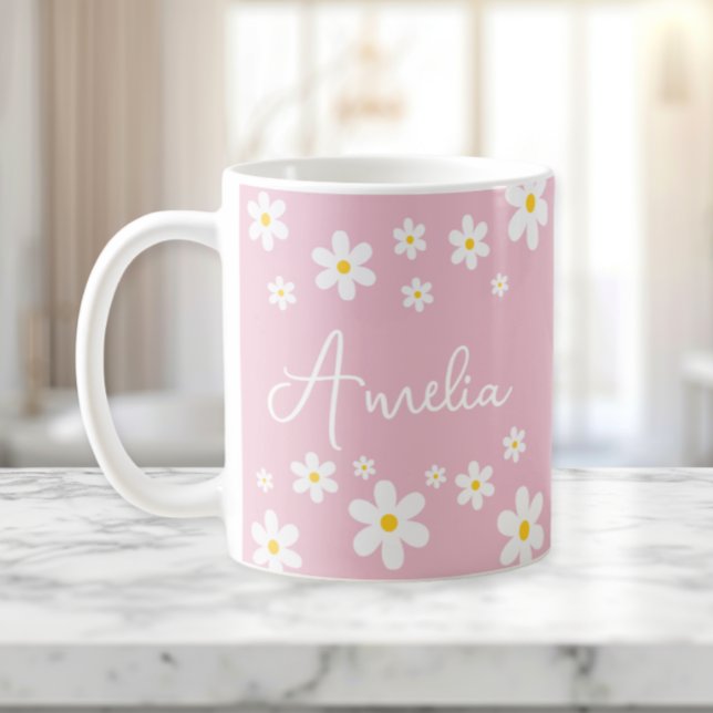 Floral White Daisy Pink Personalized Mug (Creator Uploaded)