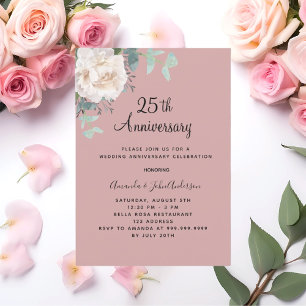Floral white dusty rose 25th wedding anniversary invitation