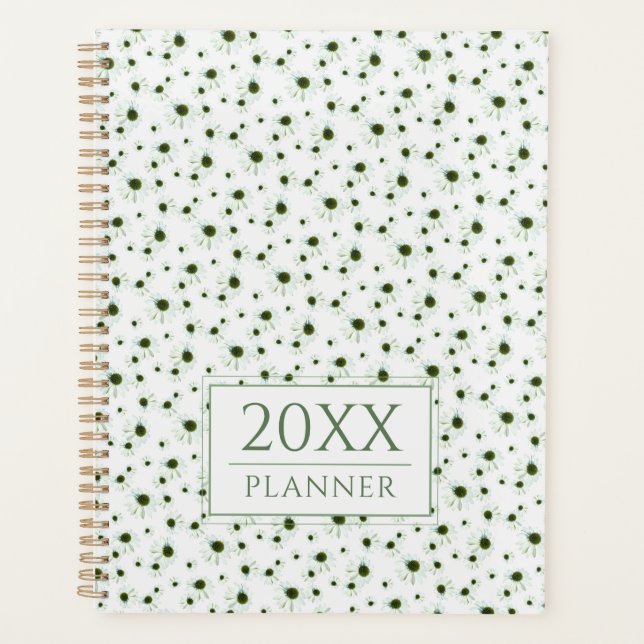 Floral White Echinacea Botanical Pattern  Planner (Front)