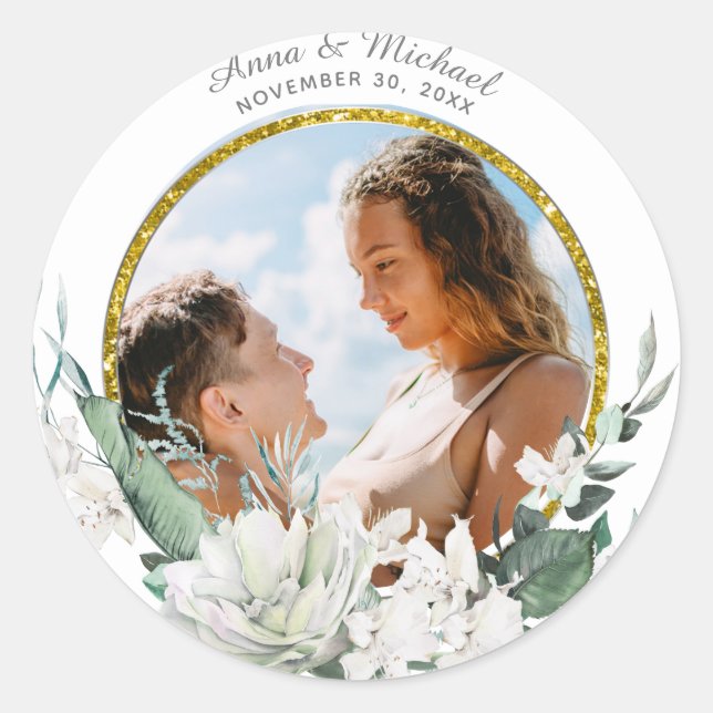 *~* Floral White Flowers Wedding PHOTO Classic Round Sticker (Front)