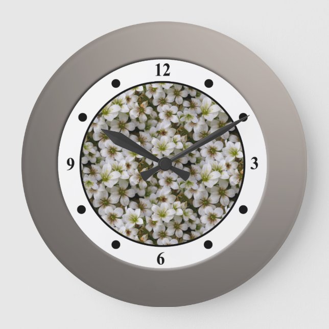 Floral White Garden Flowers Roman Digits Large Clock (Front)