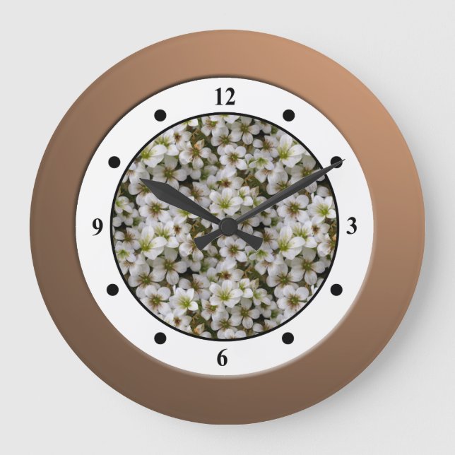 Floral White Garden Flowers Roman Digits Large Clock (Front)