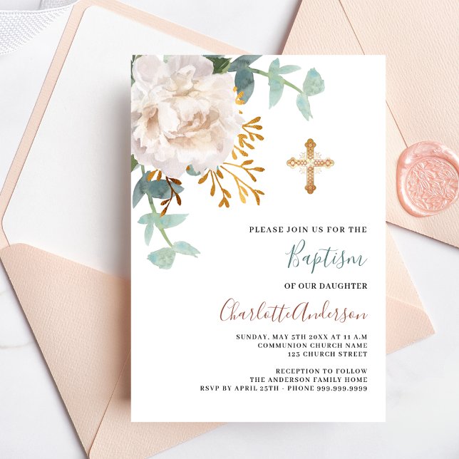 Floral white greenery gold cross luxury baptism invitation (Creator Uploaded)