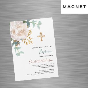 Floral white greenery gold cross luxury baptism magnetic invitation