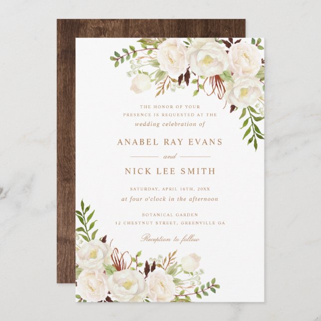 Floral White Greenery Rustic Wood Wedding Invitation (Front/Back)