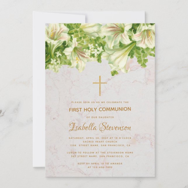 Floral White Lilies Marble First Holy Communion Invitation (Front)