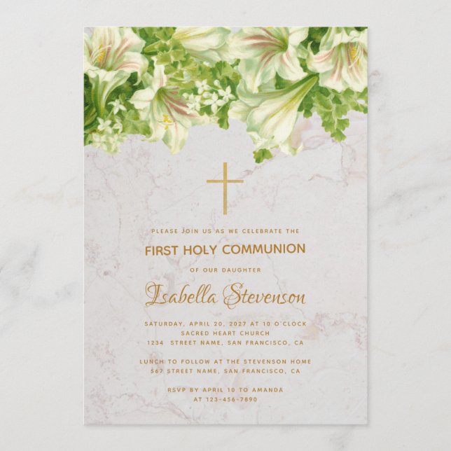 Floral White Lilies Marble First Holy Communion Invitation (Front)