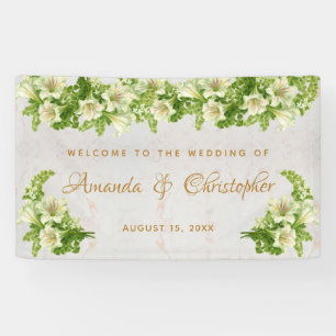 Floral White Lilies Marble Script Wedding Welcome Banner