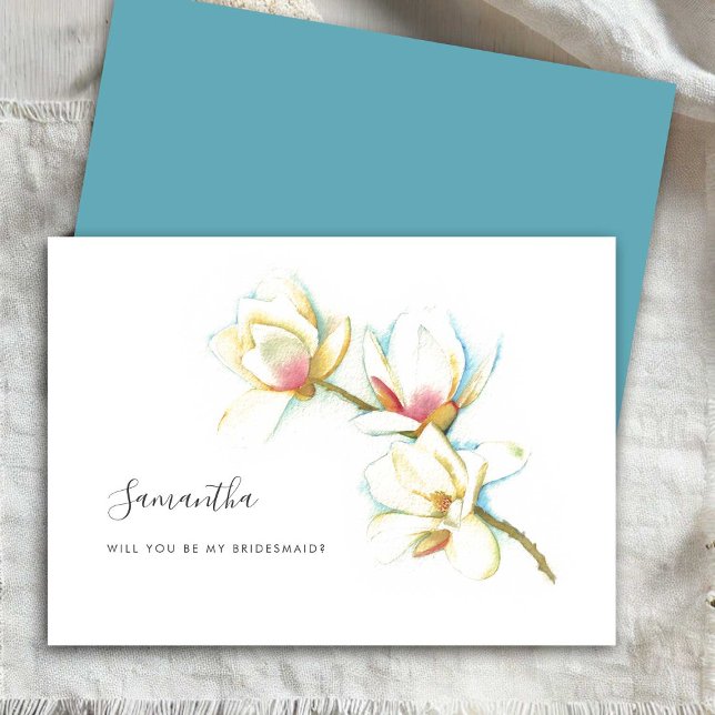Floral White Magnolia Watercolor Bridesmaid Cards (Bridesmaid proposal cards watercolor magnolia flowers art by Victoria Grigaliunas)