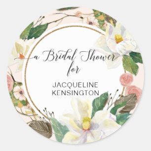 Floral White Magnolia Watercolor Foliage Gold Pink Classic Round Sticker