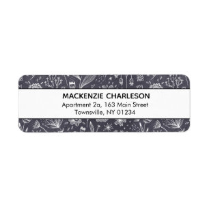 Floral White on Black Line Drawing Address Return Address Label