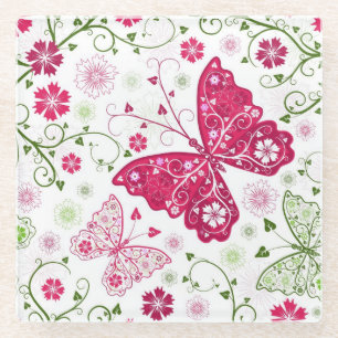 Floral White Pattern Glass Coaster