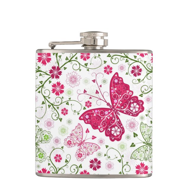 Floral White Pattern Hip Flask (Front)
