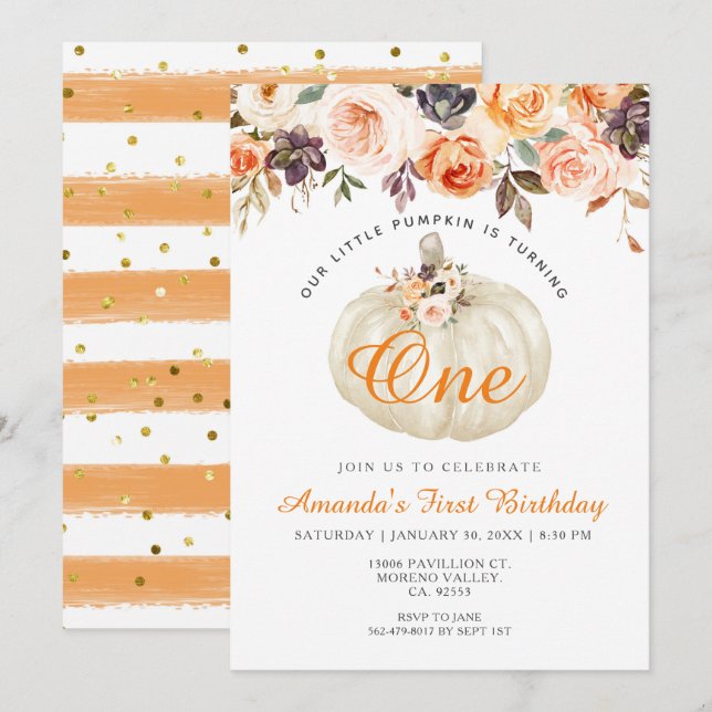 Floral White Pumpkin 1st Birthday Invitation (Front/Back)