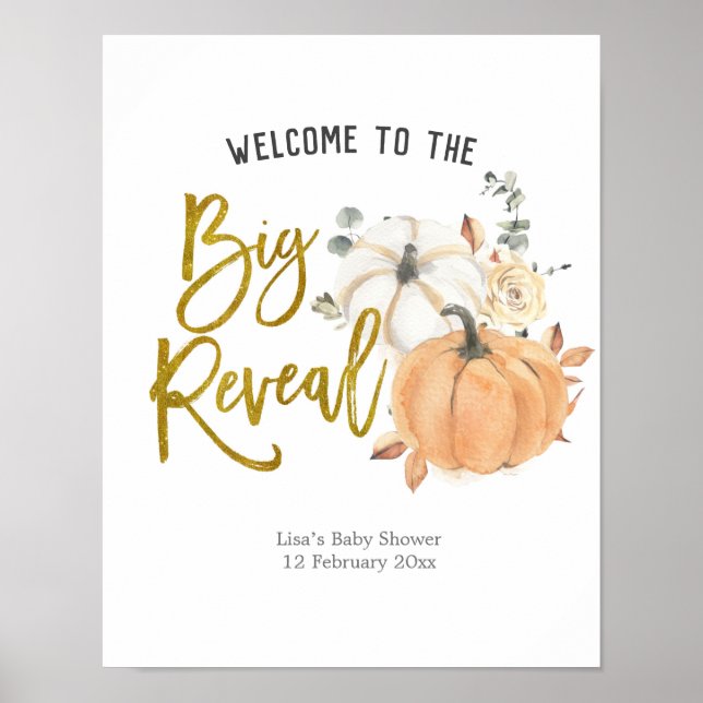 Floral White Pumpkin Gender Reveal Welcome Poster (Front)