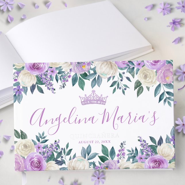 Floral White Purple Quinceanera Guest Book (Floral White Purple Quinceanera Foil Guest Book)