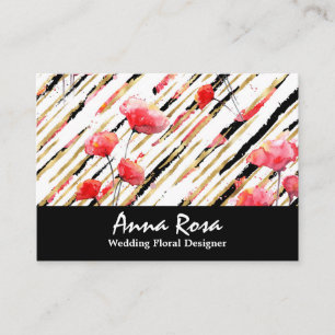 *~* Floral White Red Poppy Black Glitter Foil Chic Business Card