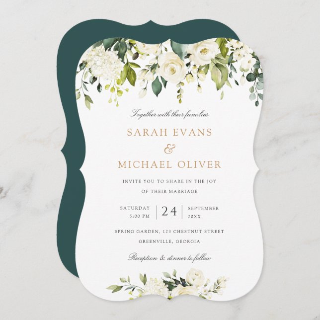 Floral White Romantic Greenery Elegant Wedding Invitation (Front/Back)