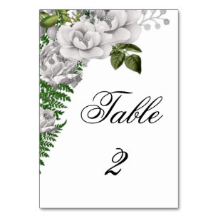 Floral White Roses and Ferns Wedding Table Number