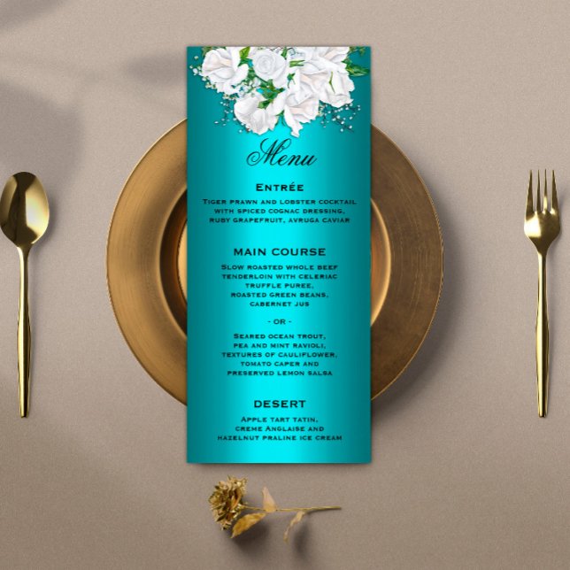 Floral White Roses and Metallic Aqua Wedding Menu (Creator Uploaded)
