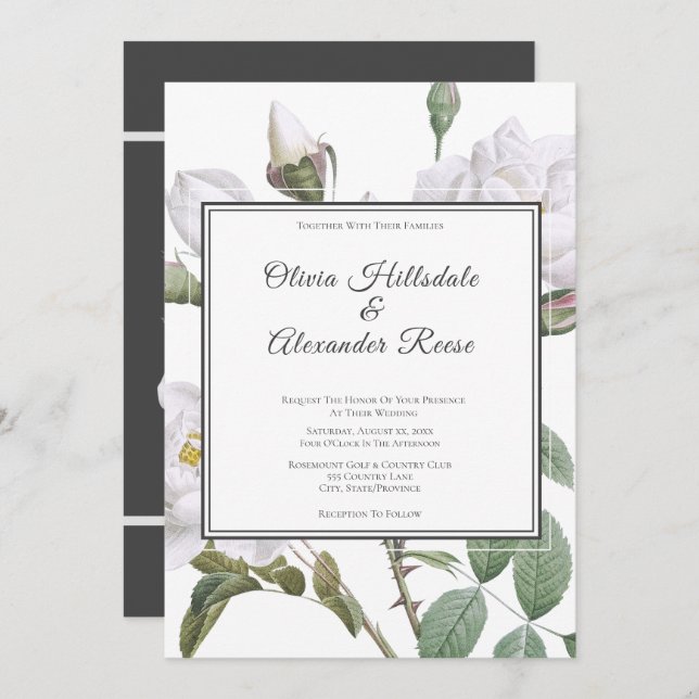Floral White Roses Elegant Wedding Invitation (Front/Back)
