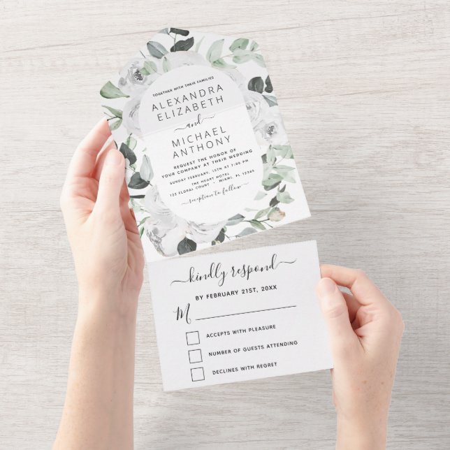 Floral White Roses Eucalyptus Wedding All In One I All In One Invitation (Tearaway)