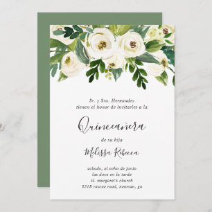Floral White Roses Greenery Elegant Quinceañera Invitation